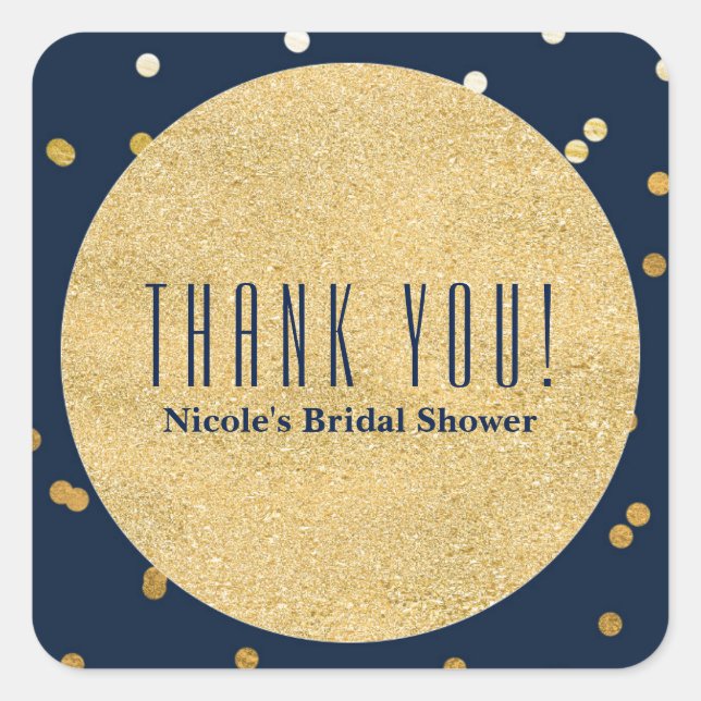 Navy Blue & Gold Shiny Confetti Dots Party Favour Square Sticker (Front)