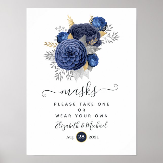 Navy Blue, Gold & Silver Floral Wedding Face Masks Poster (Front)