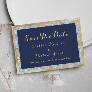 Navy blue gold silver holographic Save The Date