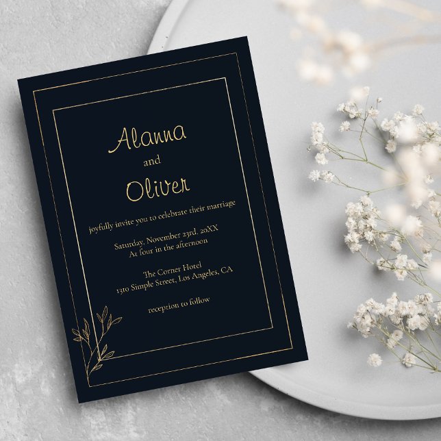 Navy blue gold simple minimalist floral Wedding Invitation (Navy blue gold simple minimalist floral Wedding)
