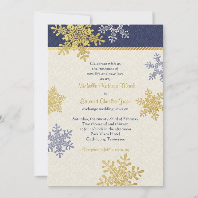 Navy Blue Gold Snowflake Invitation de mariage hiv (Devant)