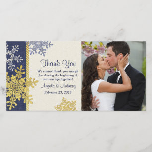 Navy Blue Gold Snowflake Winter Wedding Thank You Card