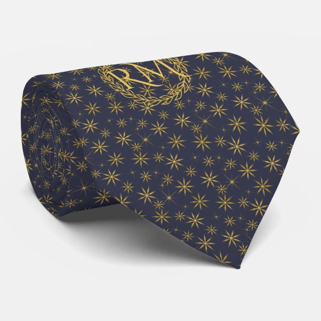 Navy Blue Gold Snowflakes Pattern Monogrammed Tie (Rolled)