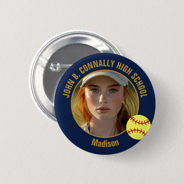 Navy Blue Gold Softball Player Photo High School 2 Inch Round Button (Front & Back)