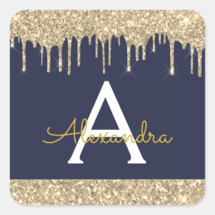 Navy Blue Gold Sparkle Glitter Monogram Square Sticker