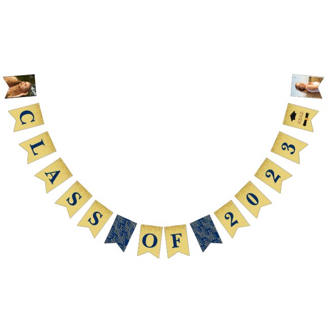 Navy Blue Gold Sparkle Graduate Photo Party Bunting Flags (All)