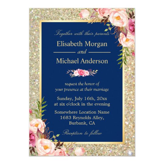 Navy Blue Gold Sparkles Pink Floral Wedding Invite