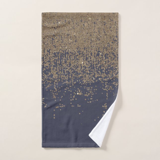 Navy Blue Gold Sparkly Glitter Ombre Hand Towel (Hand Towel)