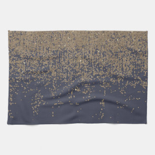 Navy Blue Gold Sparkly Glitter Ombre Kitchen Towel