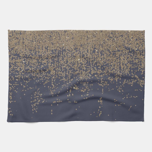 Navy Blue Gold Sparkly Glitter Ombre Kitchen Towel (Horizontal)