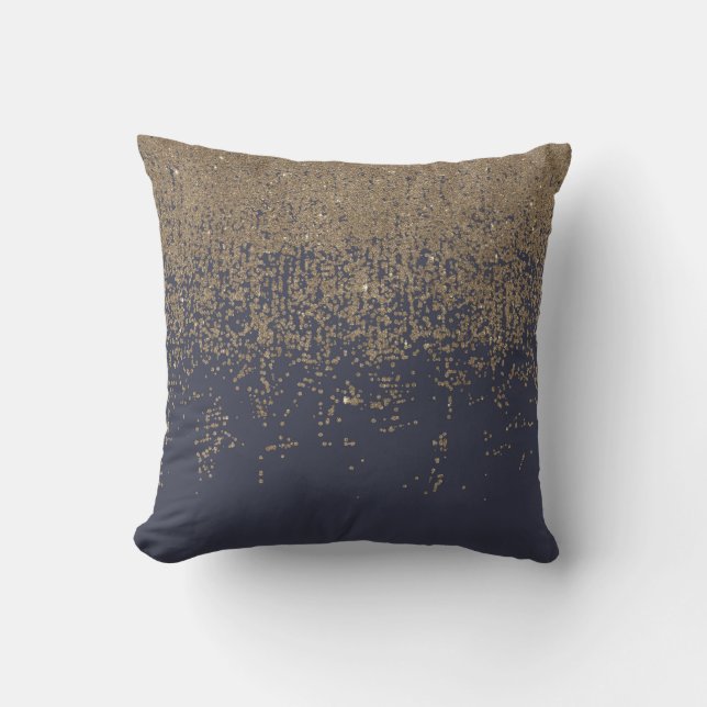 Navy Blue Gold Sparkly Glitter Ombre Throw Pillow (Front)