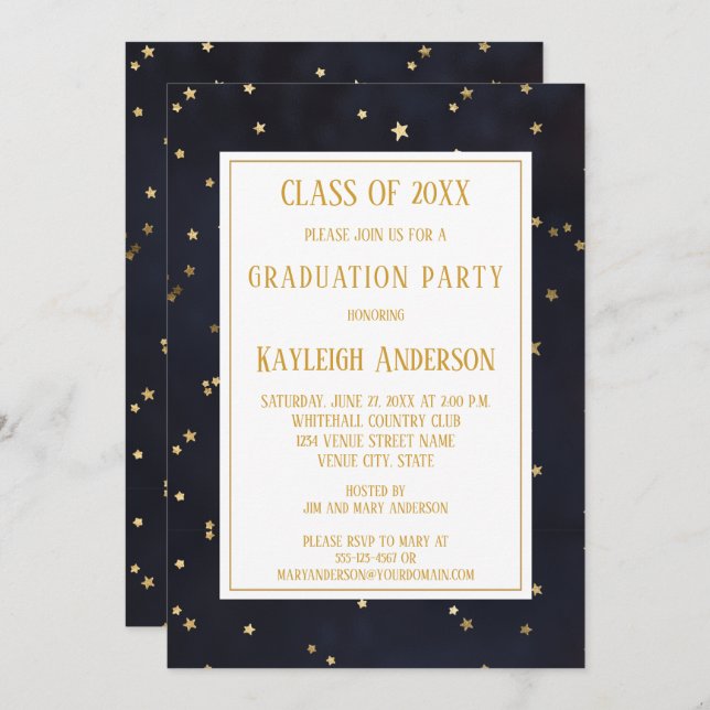 Navy Blue Gold Star Confetti Graduation Party Invitation (Front/Back)