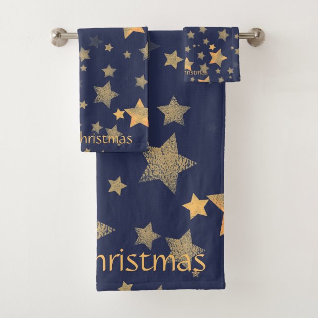 Navy Blue Gold Star Pattern Elegant Christmas Bath Towel Set (Insitu)