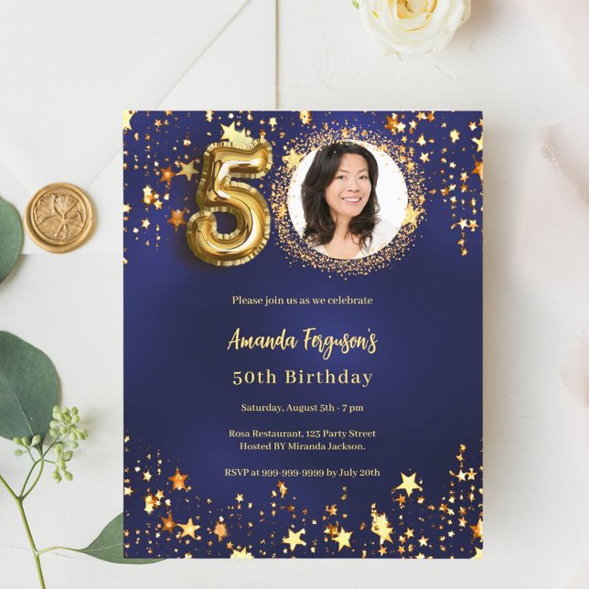Navy blue gold star photo 50th birthday invitation (Creator Uploaded)