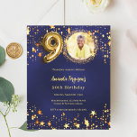 Navy blue gold star photo 90th birthday invitation<br><div class="desc">A modern,  stylish photo invitation for a 90th birthday party.  A navy blue background,  decorated with golden stars. The blue colour is uneven. Personalize and add your photo and party details.  

1 sheet = 1 invitation printed edge to edge.</div>