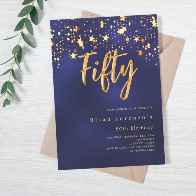 Navy blue gold stars 50th birthday invitation (Creator Uploaded)