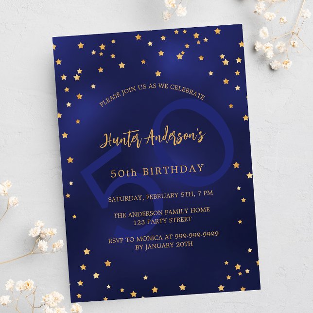 Navy blue gold stars birthday party invitation (Creator Uploaded)
