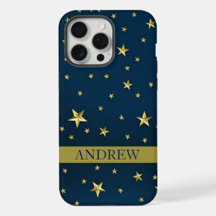 Navy Blue Gold Stars Personalized Name iPhone 15 Pro Max Case