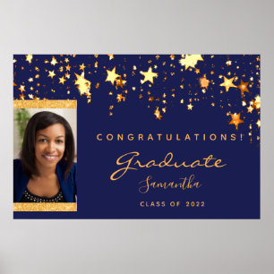 Navy blue gold stars photo Graduation Party 2025 Poster