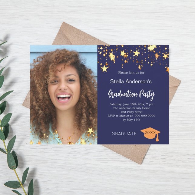 Navy blue gold stars photo graduation party invitation (Creator Uploaded)
