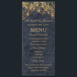 Navy Blue Gold String Lights Bokeh Wedding Menu<br><div class="desc">Complete your table setting with this elegant wedding menu from the Rustic Glam Wedding Collection. Designed with glowing gold string lights over a deep navy faux-denim background, this vertical menu offers a stunning blend of rustic charm and evening sophistication. The layout includes sections for breads, entrées, and sides, clearly presented...</div>