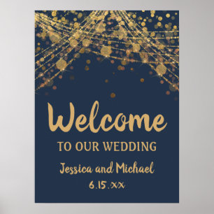 Navy Blue Gold String Lights Bokeh Wedding Welcome Poster