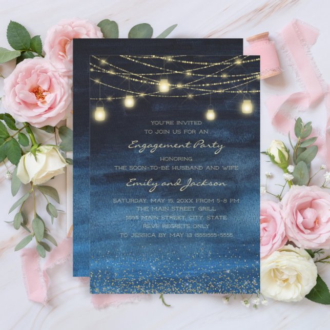 Navy Blue Gold String Lights Engagement Party Invitation (Navy blue and gold string lights engagement party invitation)