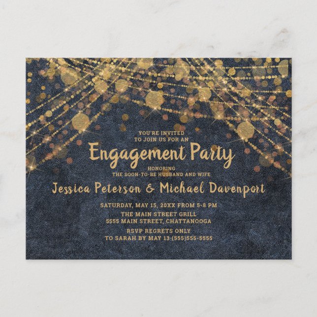 Navy Blue Gold String Lights Engagement Party Postcard (Front)