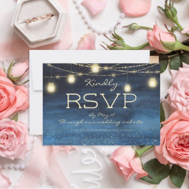 Navy Blue Gold String Lights Lanterns Wedding RSVP Invitation (Navy blue with gold string lights and glitter wedding RSVP card)