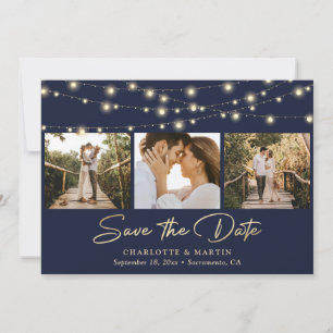 Navy Blue Gold String Lights Photo Collage Wedding Save The Date