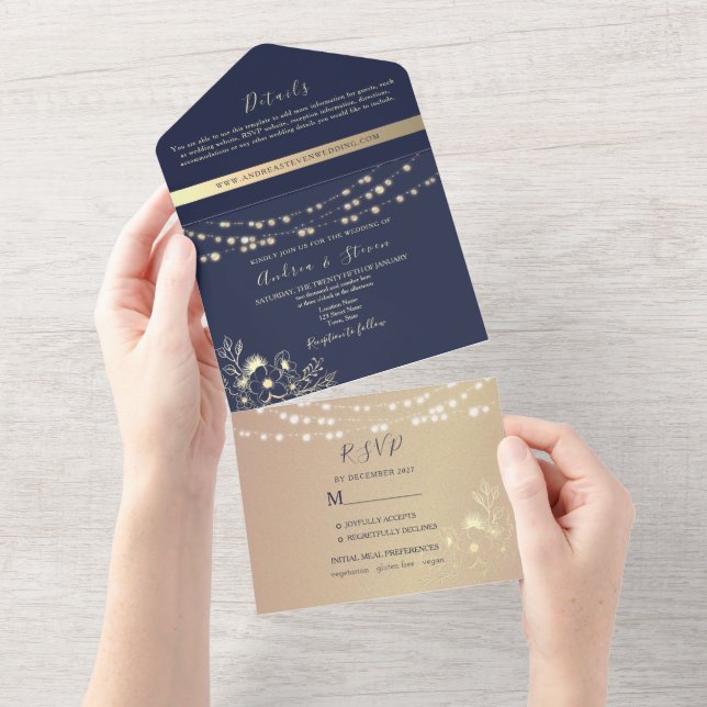 Navy Blue Gold String Lights Wedding All In One Invitation (Tearaway)