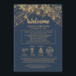 Navy Blue Gold String Lights Wedding Itinerary Invitation<br><div class="desc">Day of wedding stationery for the gift bags in an elegant navy blue with gold string lights. These cards include the bride's and groom's names, a welcome note, a short itinerary for the ceremony and reception with icons, and a thank you note signed with the names of the bride and...</div>