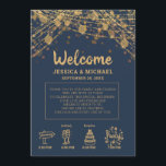 Navy Blue Gold String Lights Wedding Itinerary Invitation<br><div class="desc">Day of wedding stationery for the gift bags in an elegant navy blue with gold string lights. These cards include the bride's and groom's names, a welcome note, a short itinerary with icons, and a thank you note signed with the names of the bride and groom. Your wedding will likely...</div>