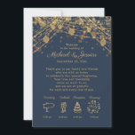 Navy Blue Gold String Lights Wedding Itinerary Invitation<br><div class="desc">Welcome your guests in style with this elegant wedding itinerary from the Rustic Glam Wedding Collection. Featuring gold string lights over a rich navy background, this day-of stationery blends rustic charm with modern sophistication. The upper section includes a warm thank-you message to your guests, while the lower portion outlines the...</div>