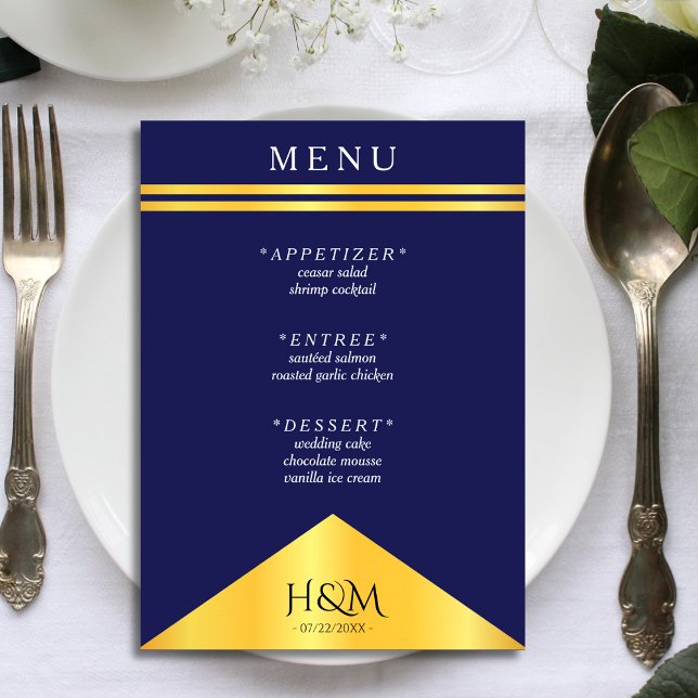Navy Blue Gold Stripe Fancy Wedding Reception Menu (navy blue and gold wedding menu)