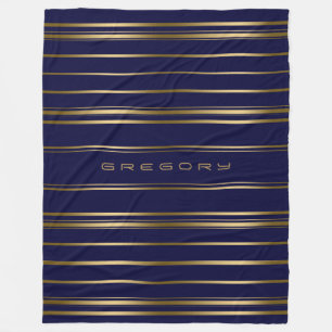 Navy Blue & Gold Stripes Pattern Fleece Blanket