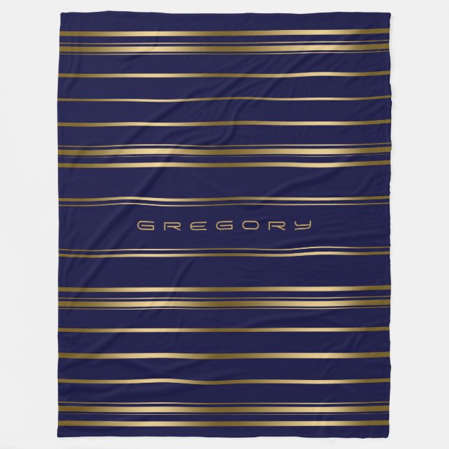 Navy Blue & Gold Stripes Pattern Fleece Blanket (Front)