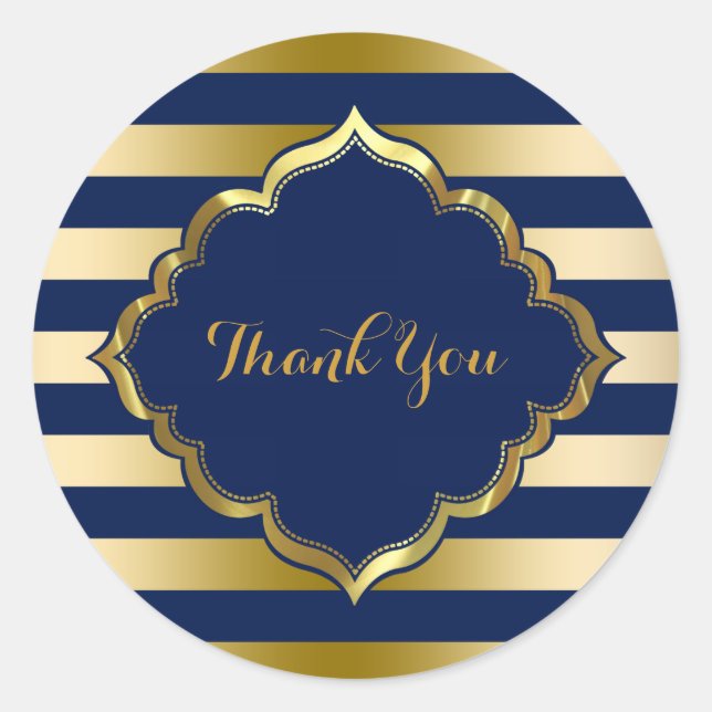 Navy Blue & Gold Stripes Thank You Sticker (Front)