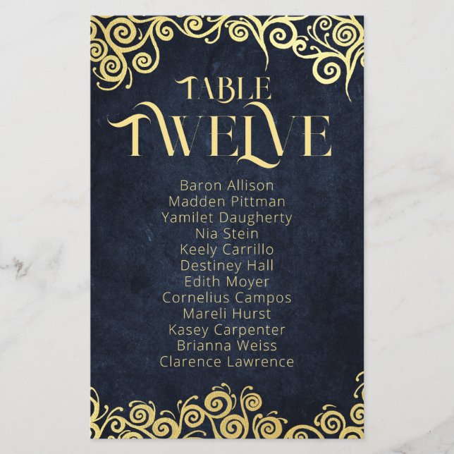 Navy Blue & Gold Swirls Seating Chart Table Number (Front)