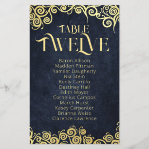 Navy Blue & Gold Swirls Seating Chart Table Number