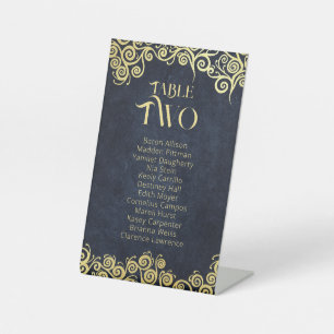 Navy Blue & Gold Swirls Seating Chart Table Number Pedestal Sign