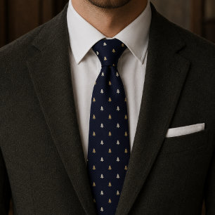 Navy Blue & Gold Tiny Christmas Trees Tie