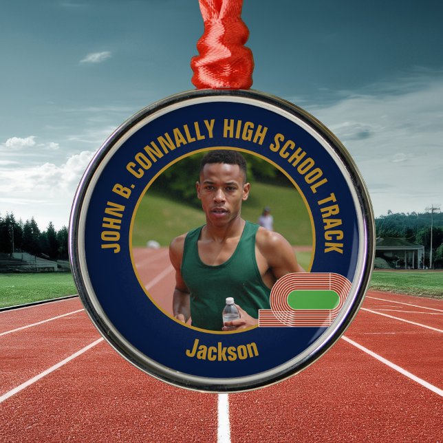 Navy Blue Gold Track & Field Photo Christmas Metal Ornament (Creator Uploaded)