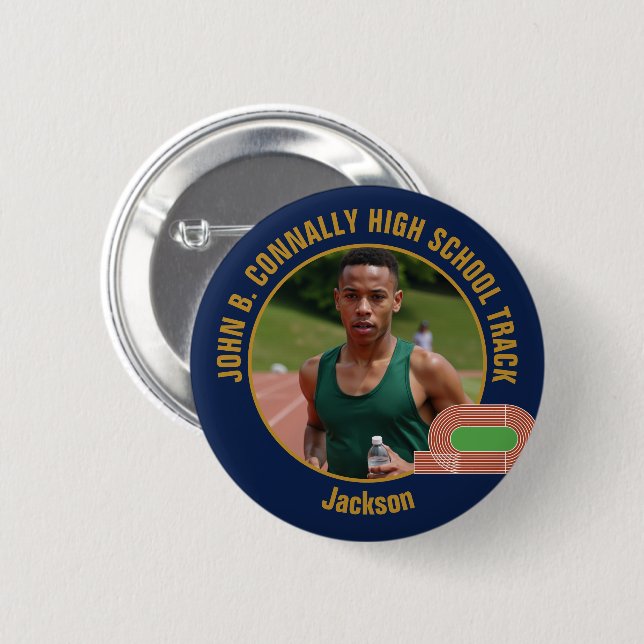 Navy Blue Gold Track Team Photo Runner 2 Inch Round Button (Front & Back)