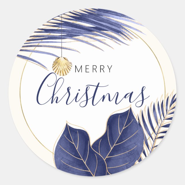 Navy Blue & Gold Tropical Christmas Envelope Seals (Front)
