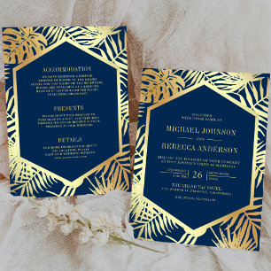 Navy Blue Gold Tropical Palm All in One Wedding Invitation
