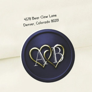 Navy  Blue Gold Two Hearts Silver Monogram Classic Round Sticker