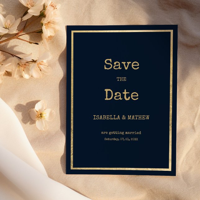 Navy blue gold typewriter font Save the Date Invitation (Navy blue gold typewriter font Save the Date)
