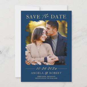 Navy Blue Gold Typography Abstract Photo Frame Save The Date