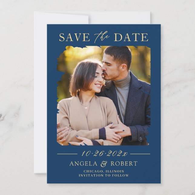 Navy Blue Gold Typography Abstract Photo Frame Save The Date (Front)